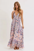BOHEMIAN FLORAL PRINT HALTER FLORAL MAXI DRESS | MAUVE BLUE