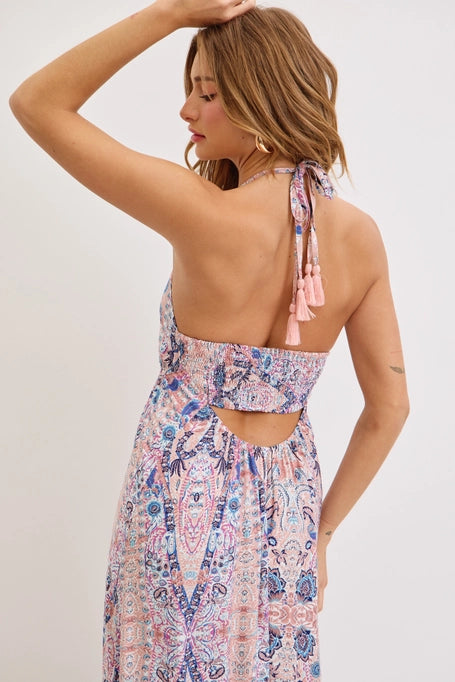 BOHEMIAN FLORAL PRINT HALTER FLORAL MAXI DRESS | MAUVE BLUE