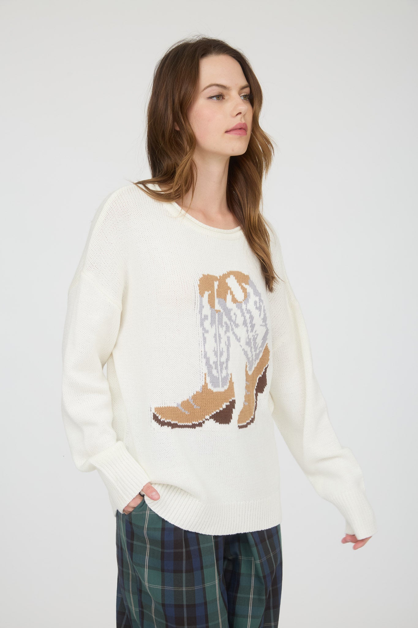 WESTERN BOOT JACQUARD LONG SLEEVE KNIT SWEATER | IVORY