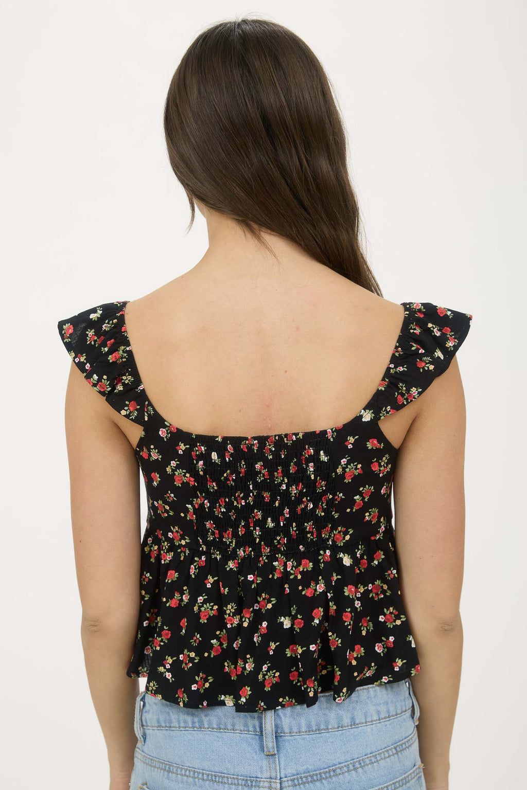 FLORAL CLIP DOT FRONT TIE WITH CUT-OUT CROP TOP | BLACK MULTI