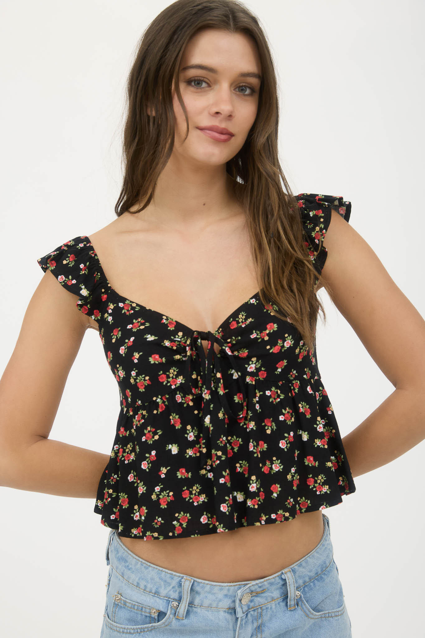 FLORAL CLIP DOT FRONT TIE WITH CUT-OUT CROP TOP | BLACK MULTI