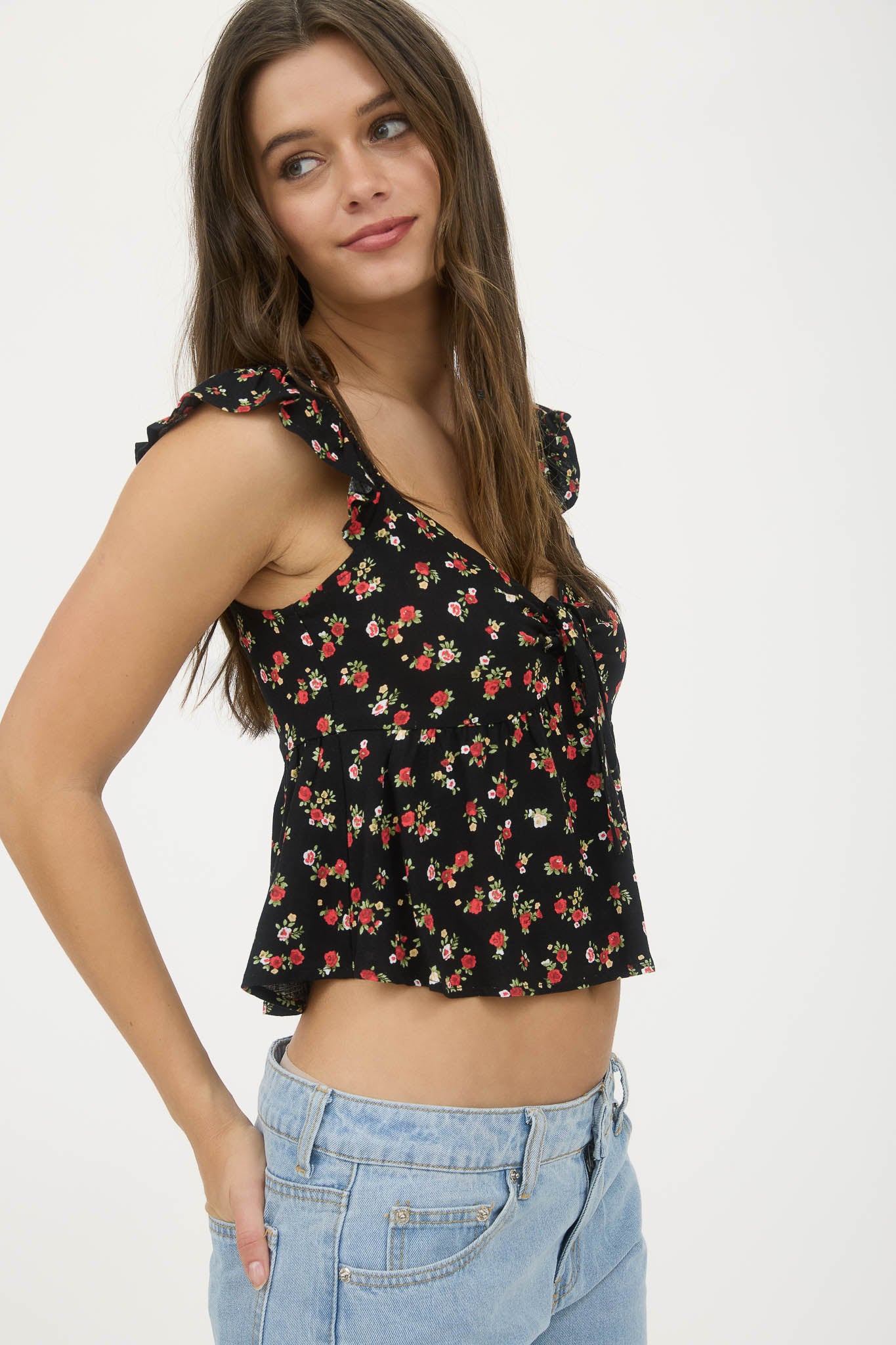 FLORAL CLIP DOT FRONT TIE WITH CUT-OUT CROP TOP | BLACK MULTI