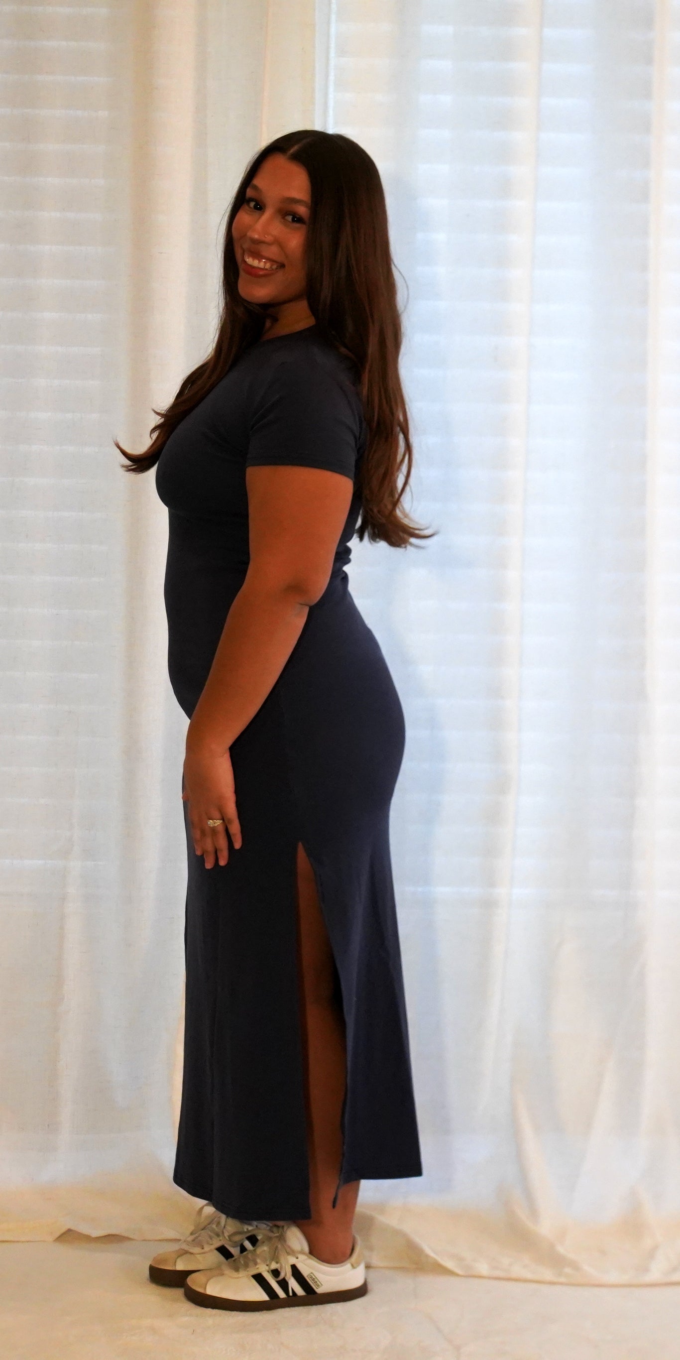 Stretchy Side Slit Detail Short Sleeve Midi Dress | Navy