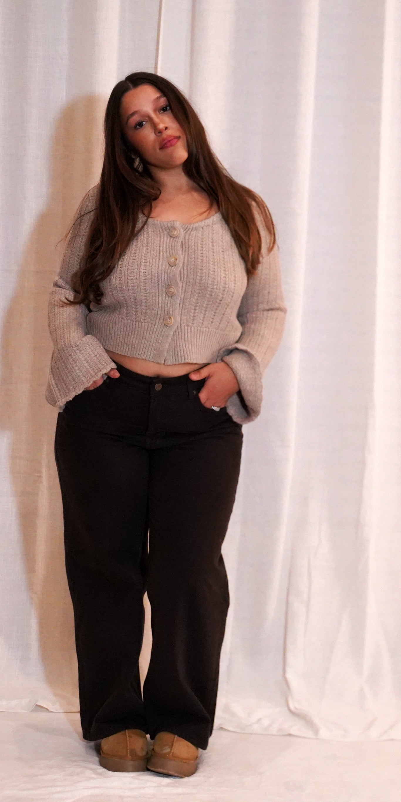 HEARTH Cable Knit Button Down Cardigan Top | Marled Taupe