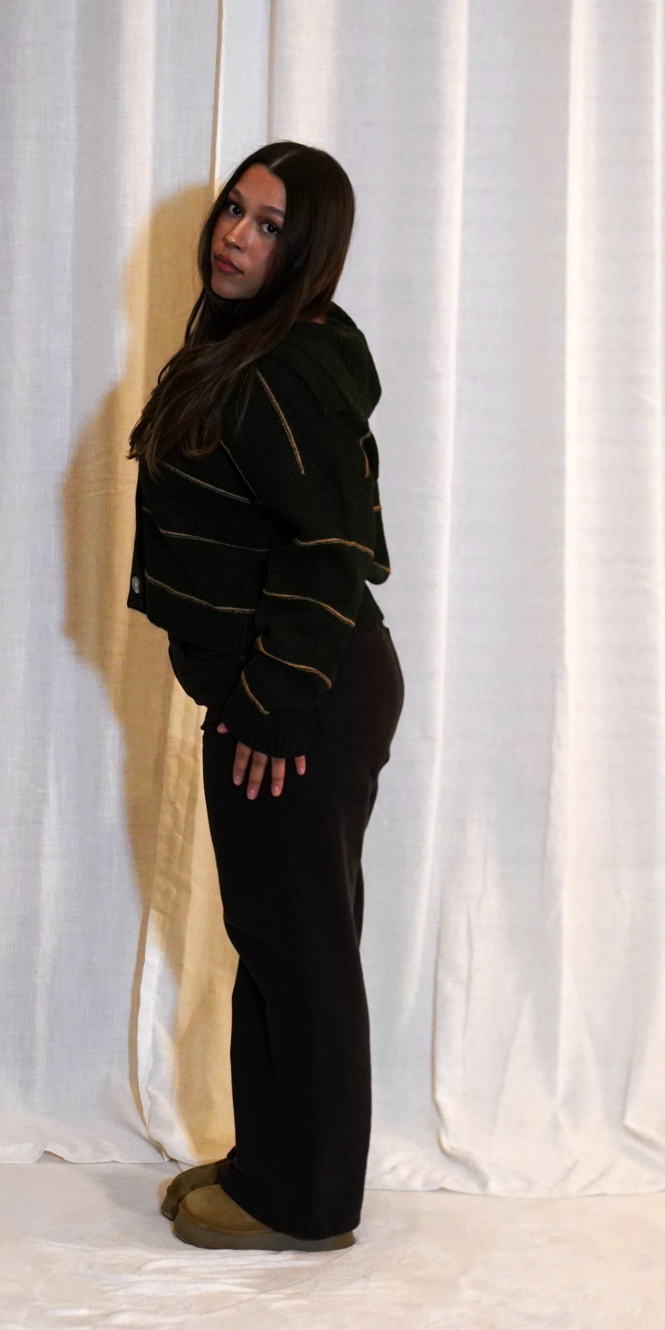 Button-Up Striped Collared Long Sleeve Top - OLIVE MULTI