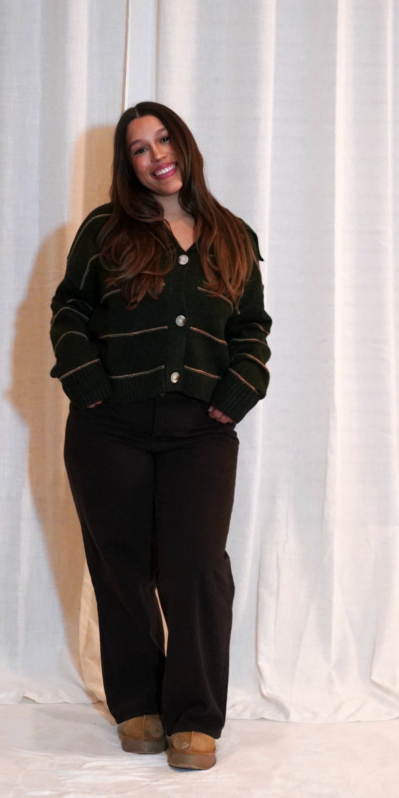 Button-Up Striped Collared Long Sleeve Top - OLIVE MULTI