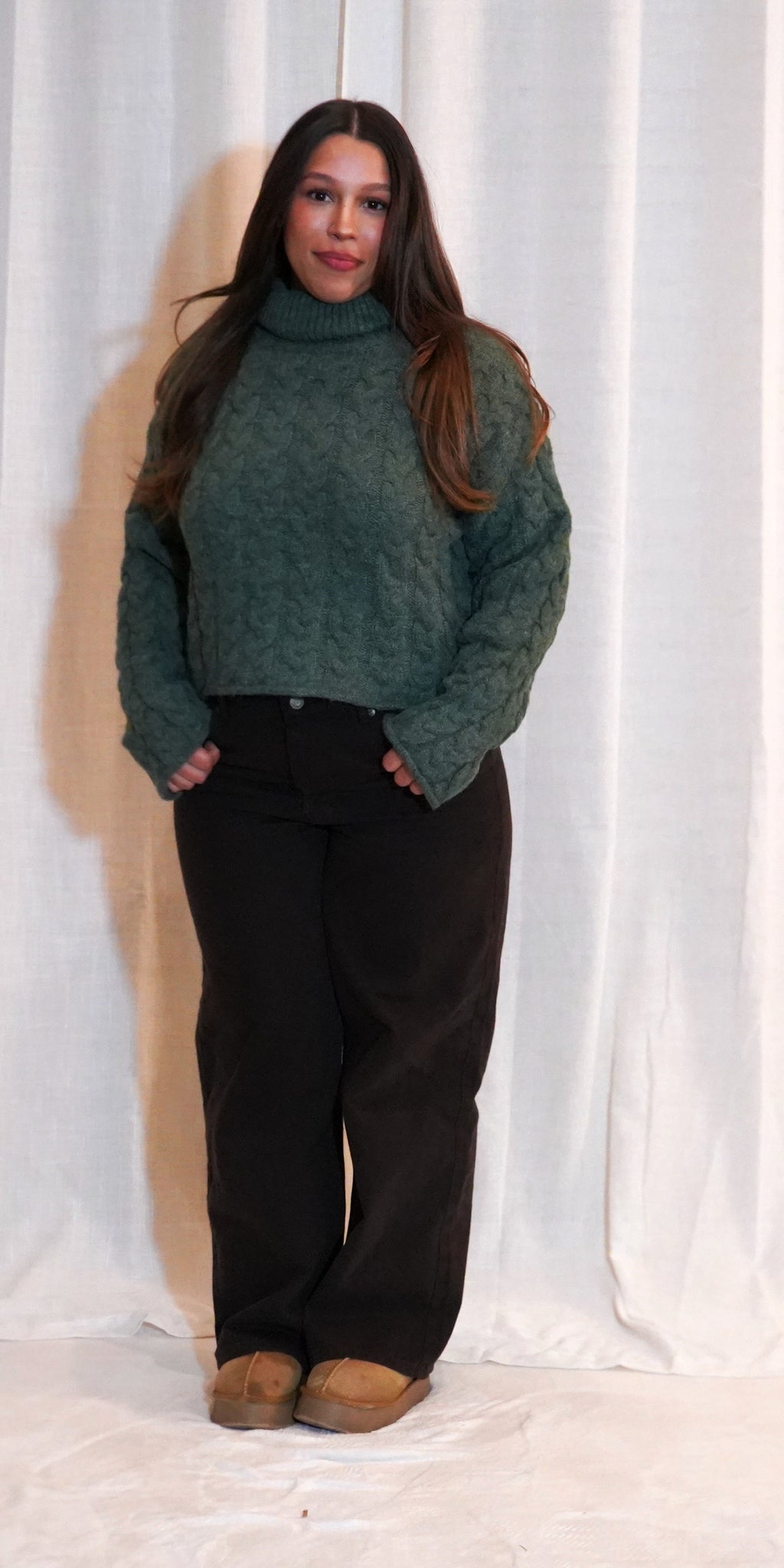 Thick Braid With Turtle Neck Long-Sleeve Sweater -| OLIVE
