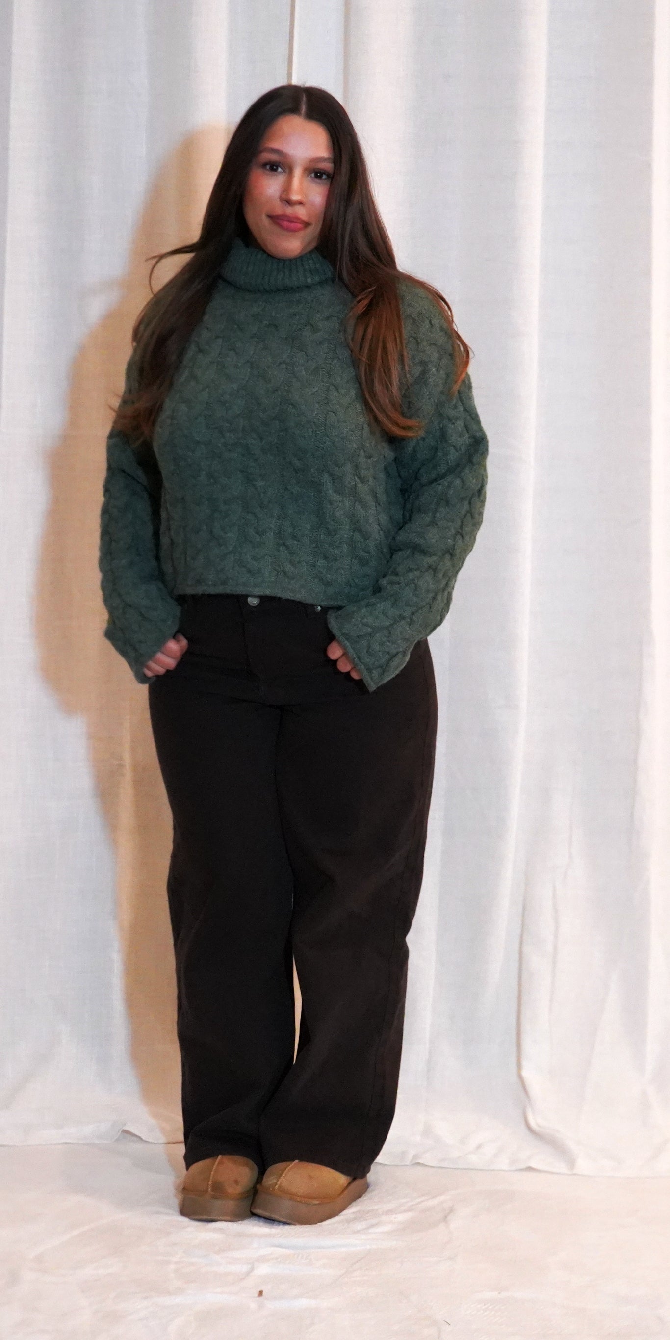 Thick Braid With Turtle Neck Long-Sleeve Sweater -| OLIVE