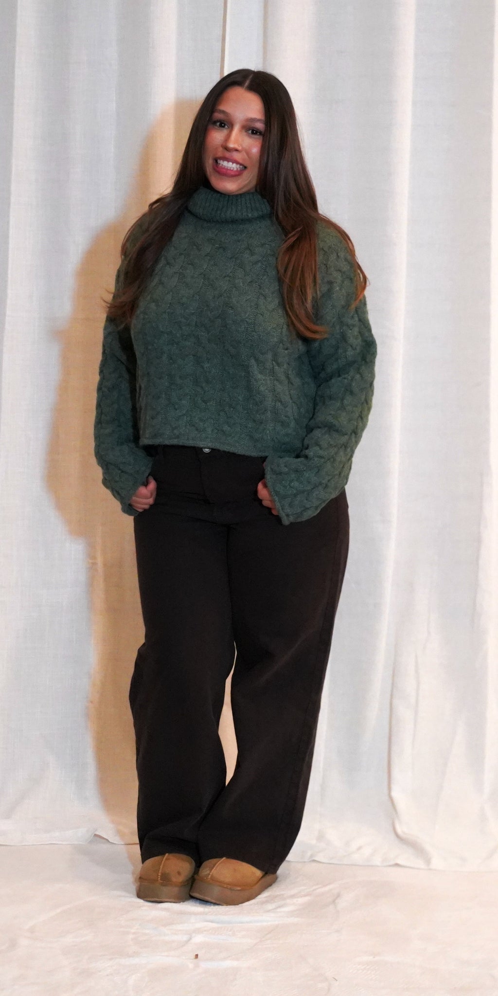 Thick Braid With Turtle Neck Long-Sleeve Sweater -| OLIVE