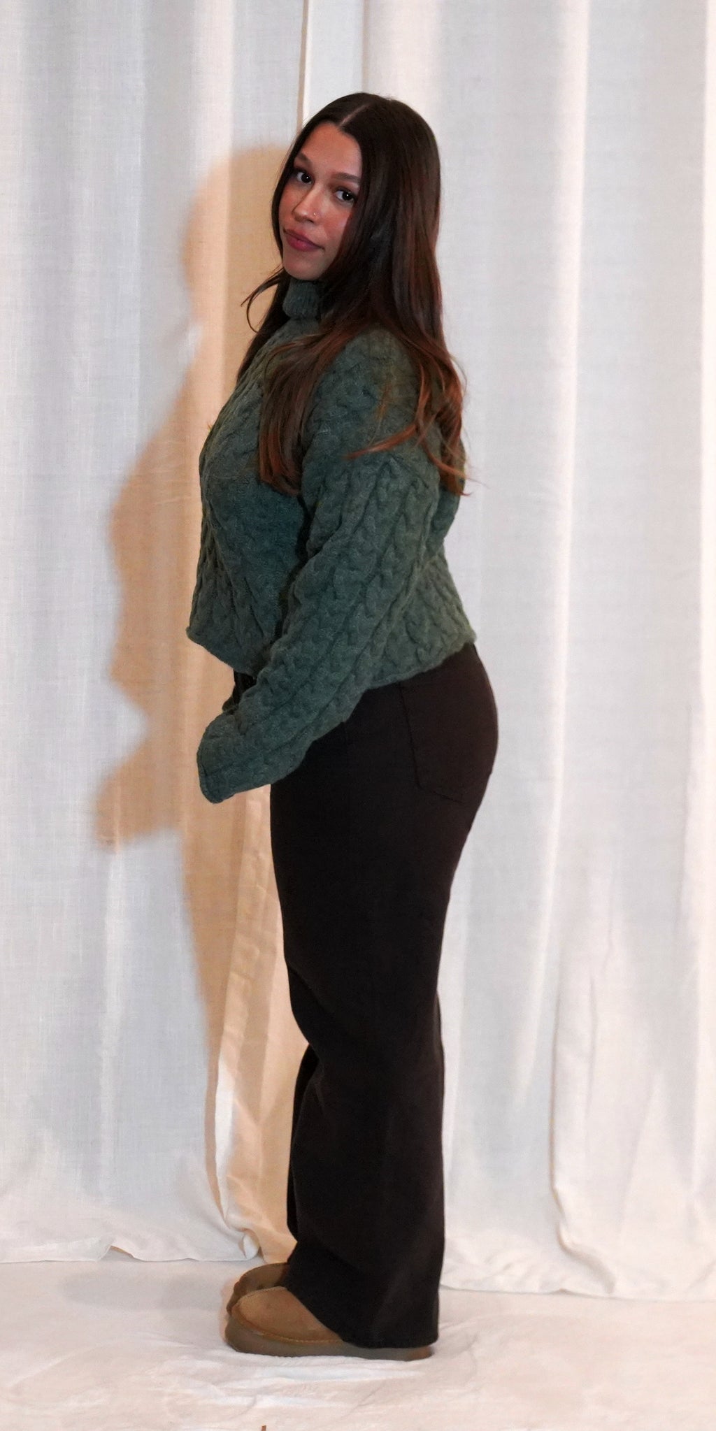 Thick Braid With Turtle Neck Long-Sleeve Sweater -| OLIVE