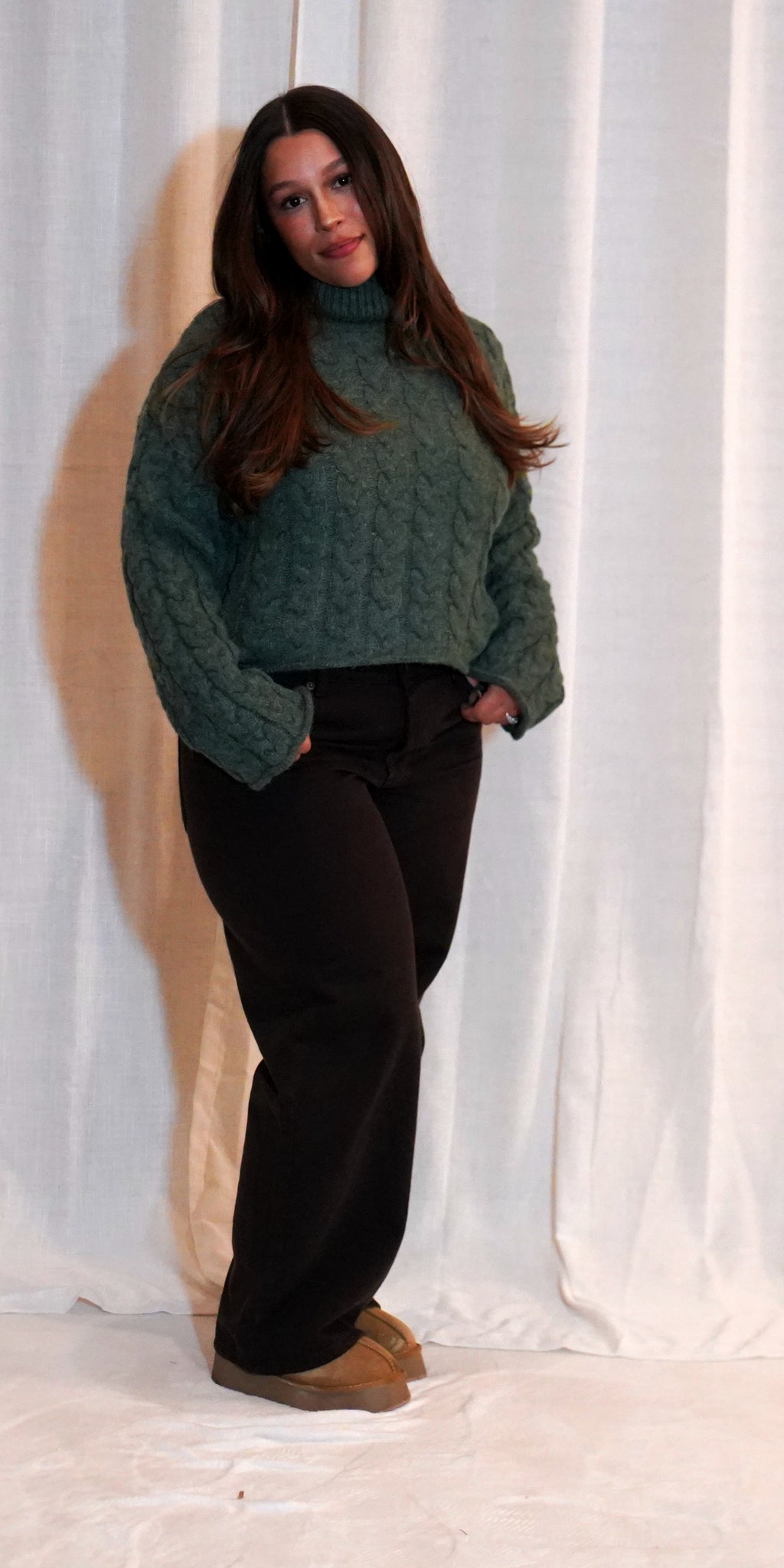 Thick Braid With Turtle Neck Long-Sleeve Sweater -| OLIVE