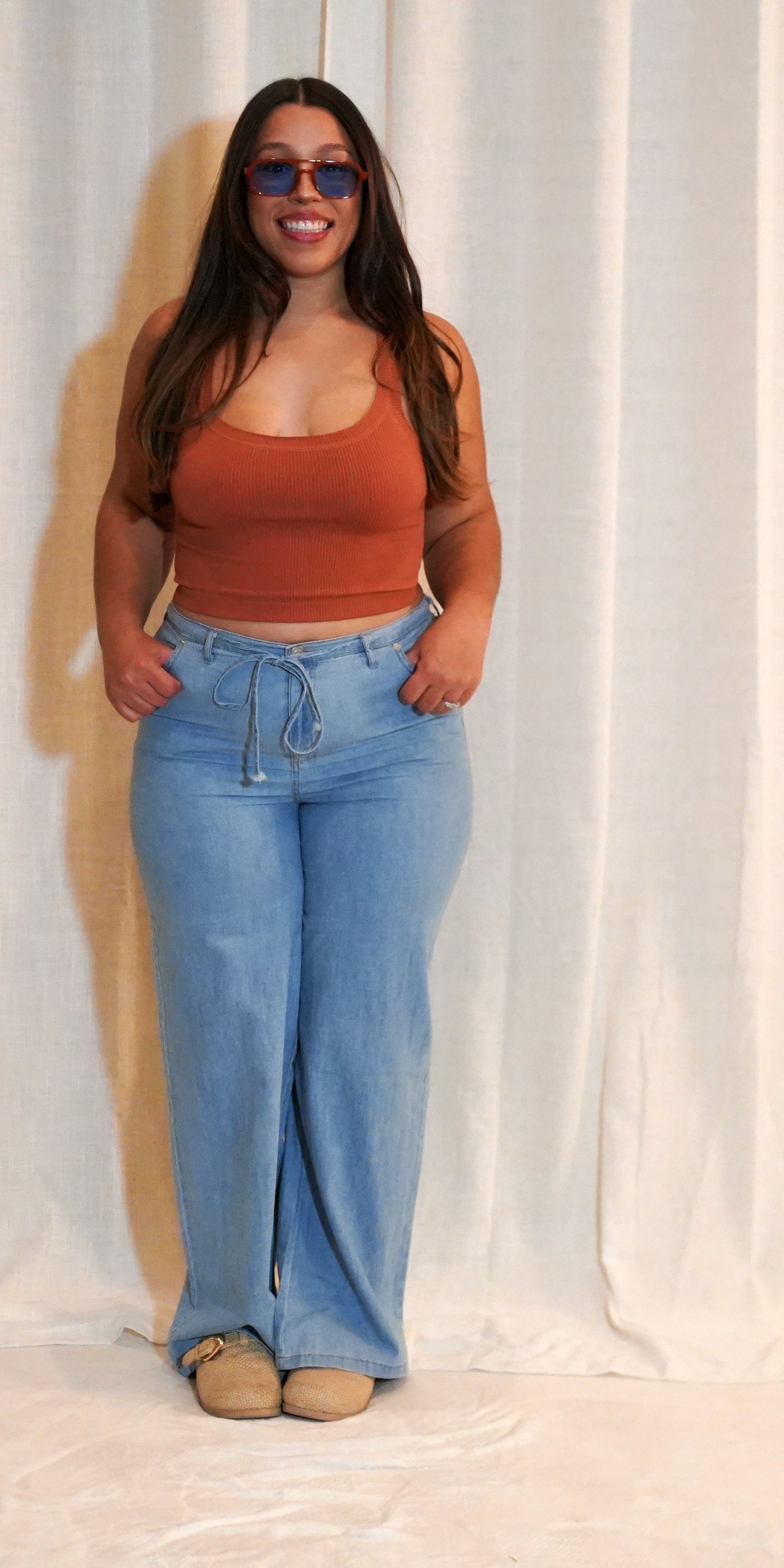 WASHED DENIM FRONT TIE WIDE LEG PANTS
