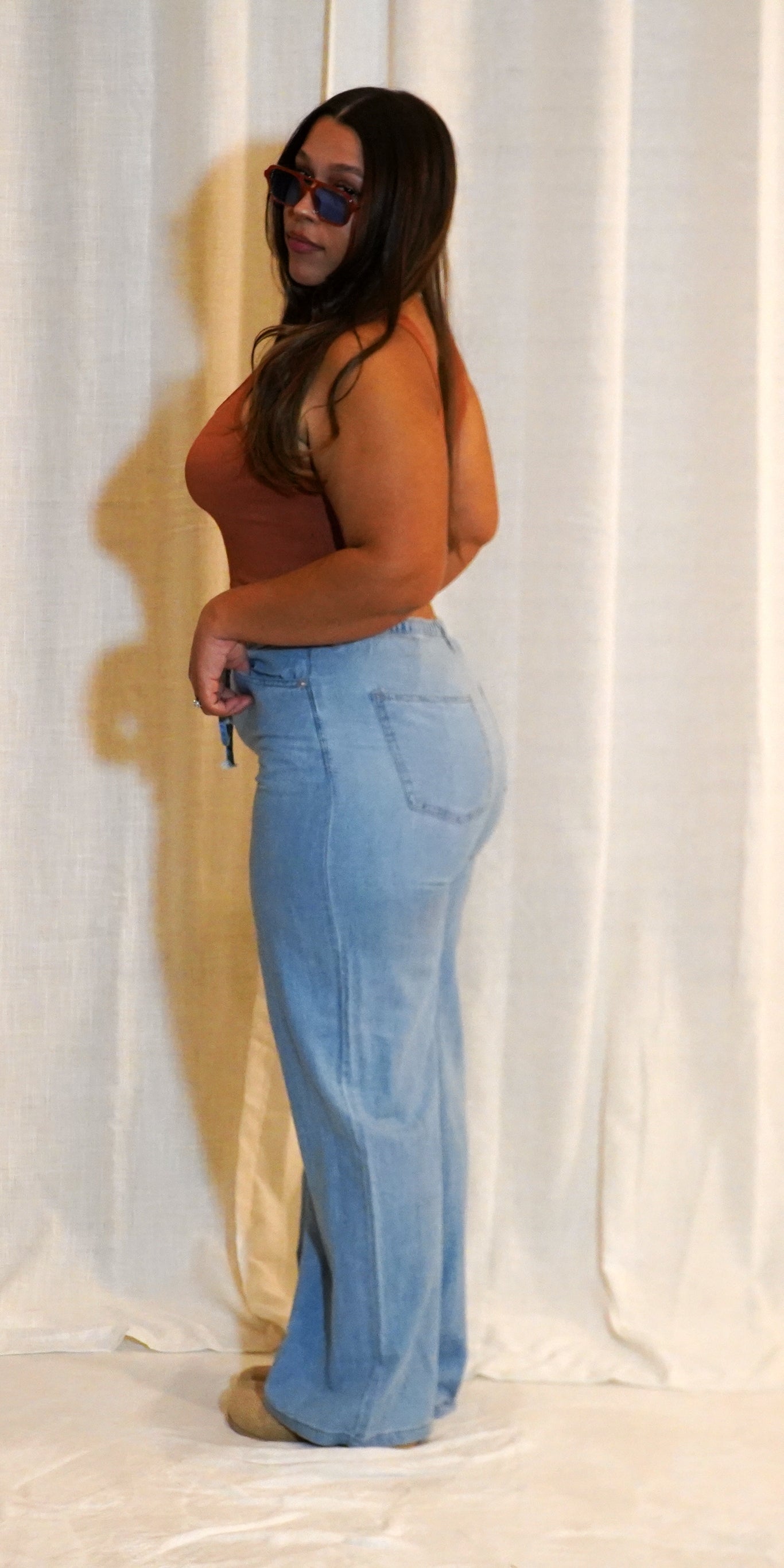 WASHED DENIM FRONT TIE WIDE LEG PANTS