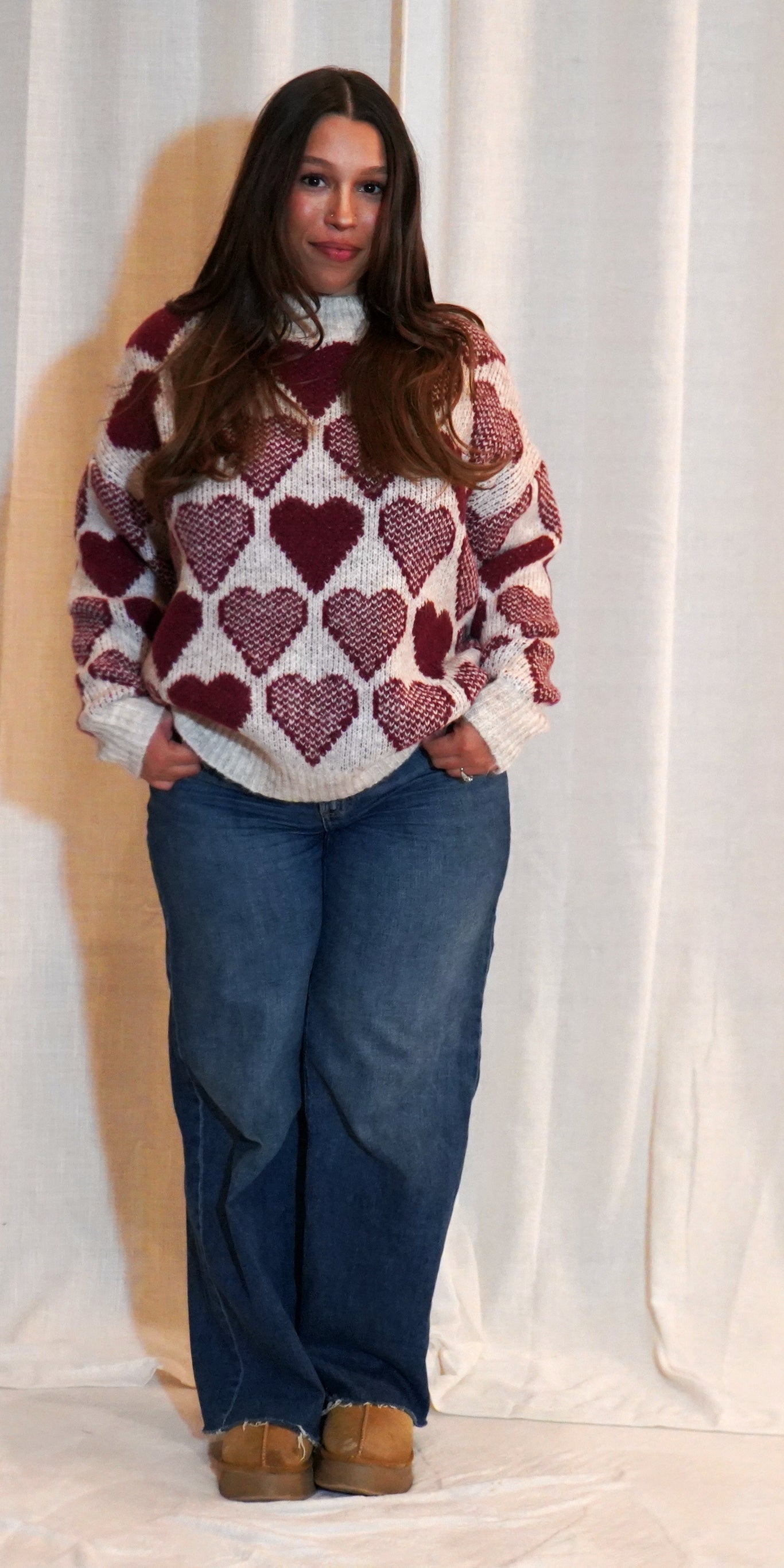 MOCK NECK HEART PRINT PULLOVER SWEATER  | RED