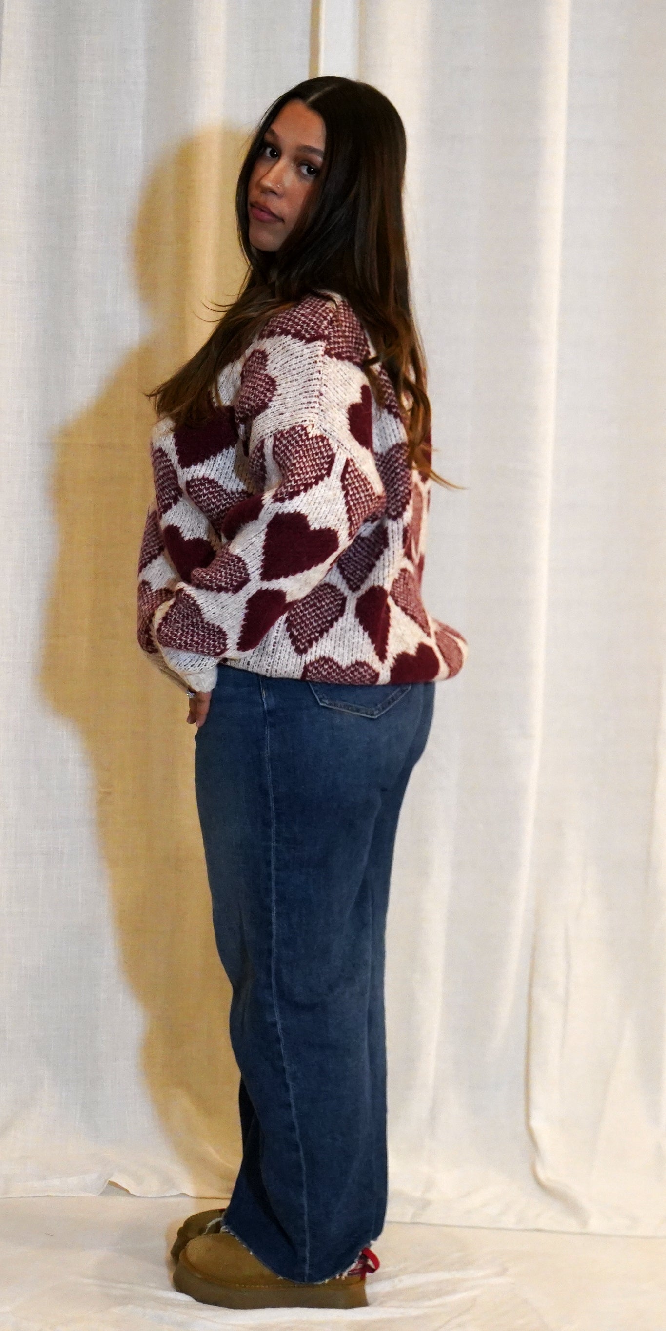 MOCK NECK HEART PRINT PULLOVER SWEATER  | RED