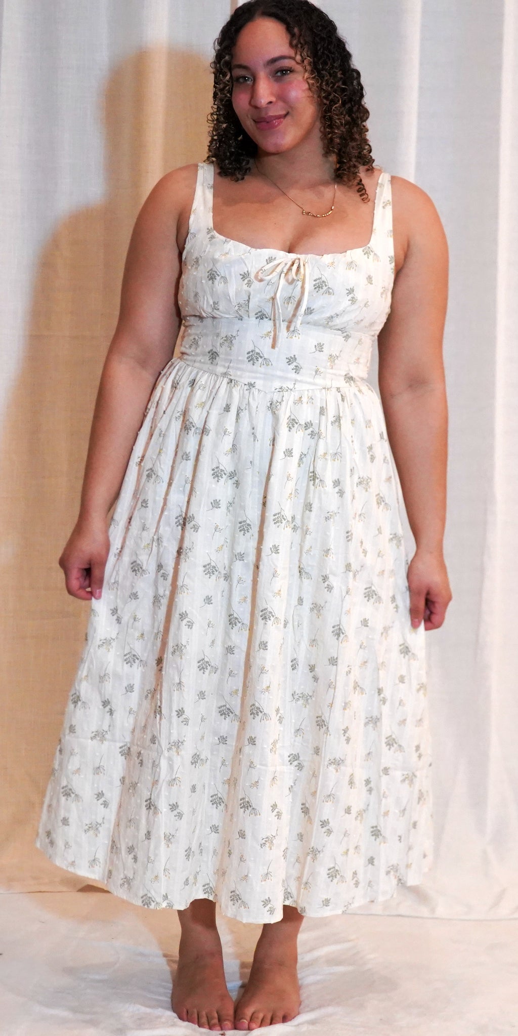 FLORAL CLIP DOT FRONT TIE CORSET DETAIL MIDI DRESS