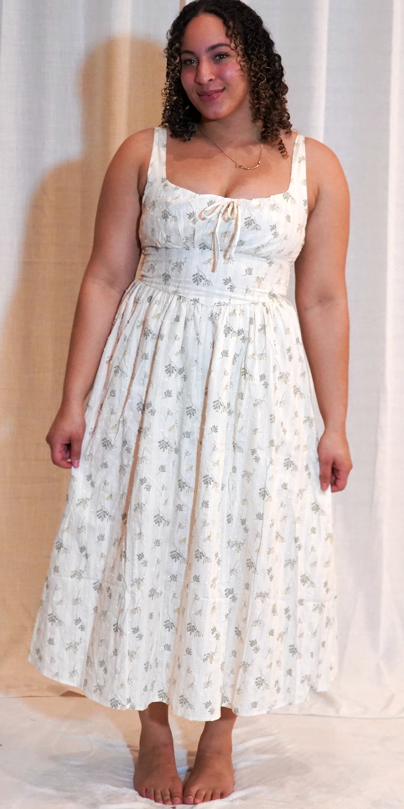 FLORAL CLIP DOT FRONT TIE CORSET DETAIL MIDI DRESS