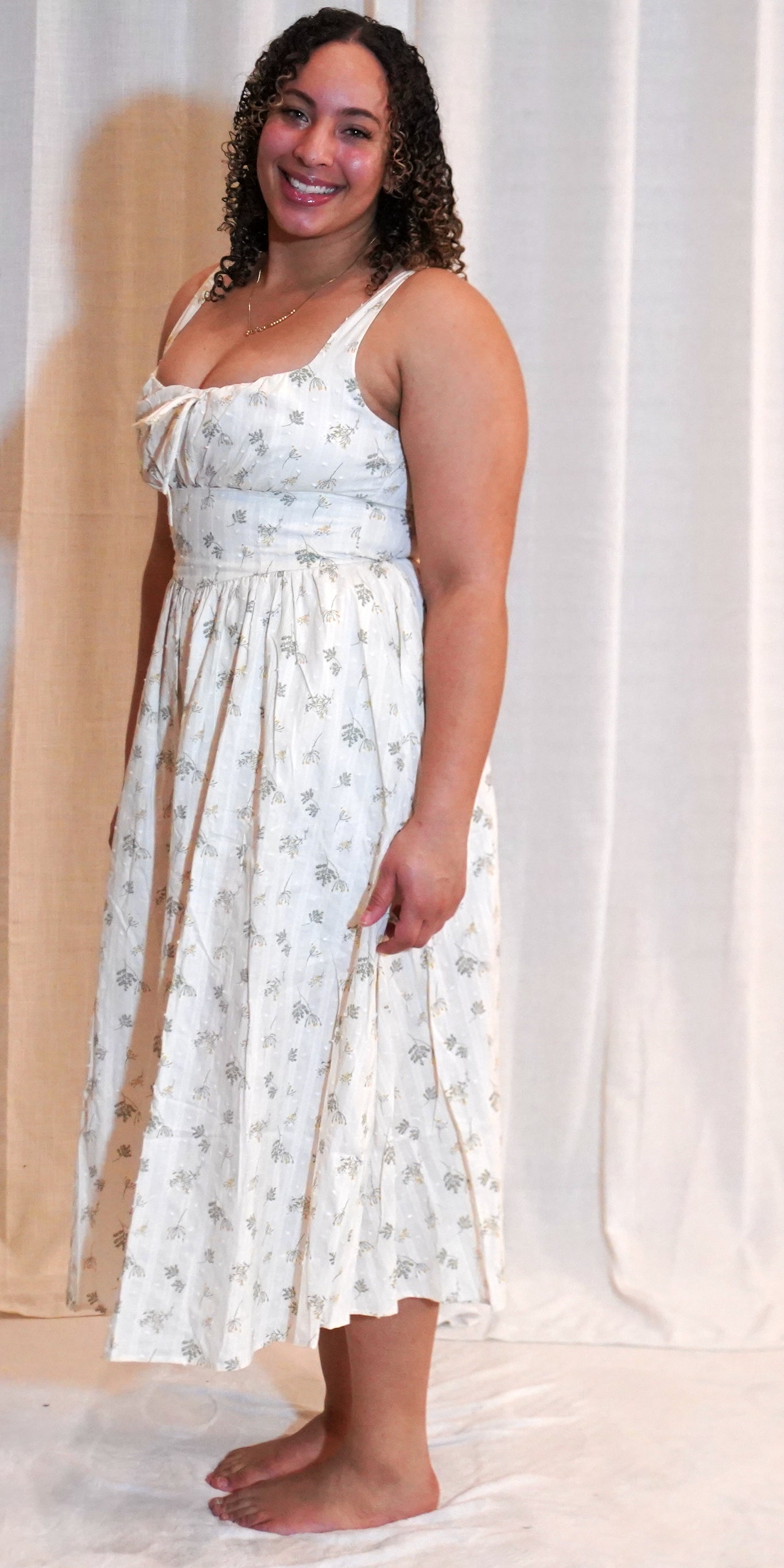 FLORAL CLIP DOT FRONT TIE CORSET DETAIL MIDI DRESS