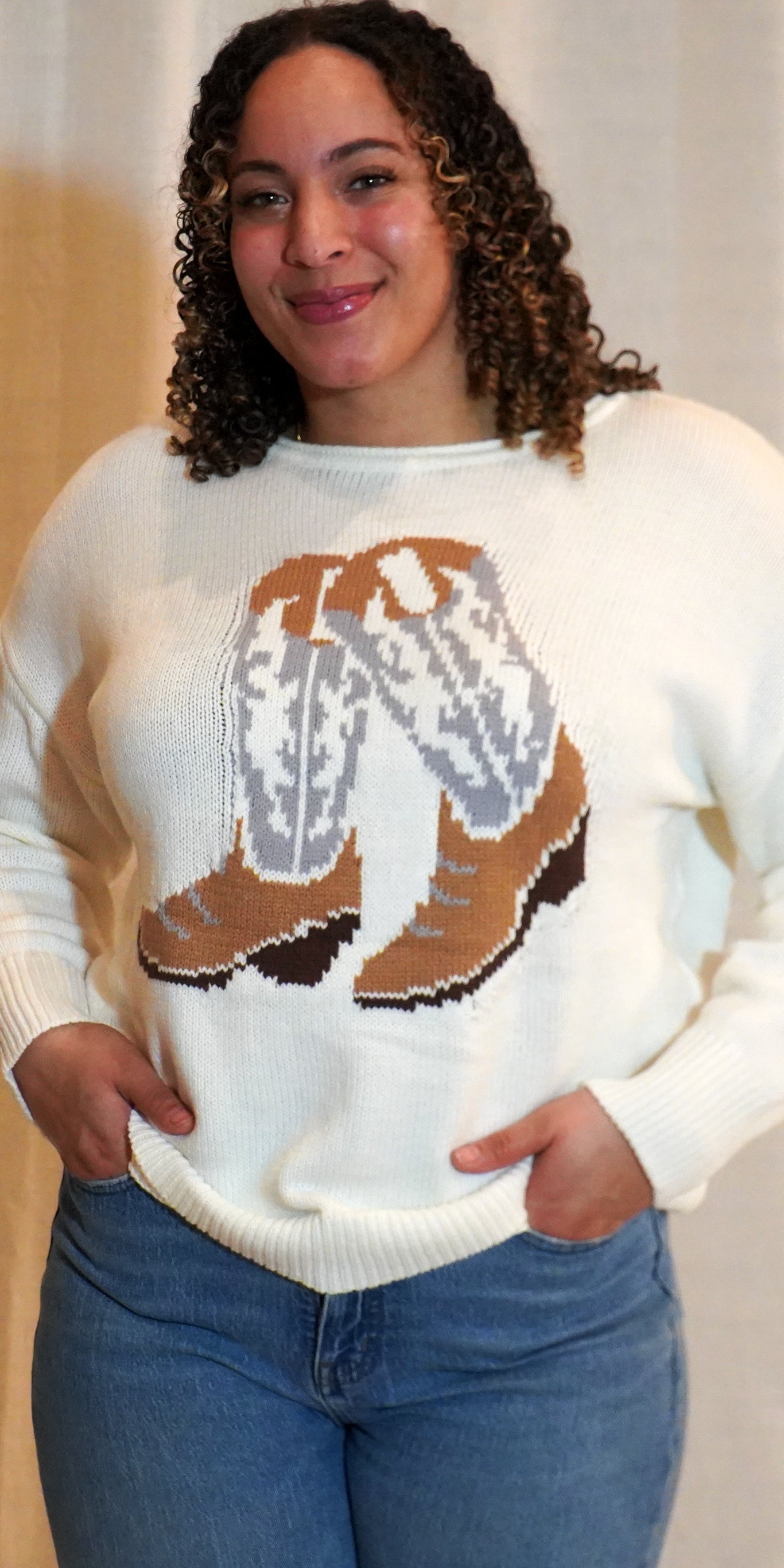 WESTERN BOOT JACQUARD LONG SLEEVE KNIT SWEATER | IVORY
