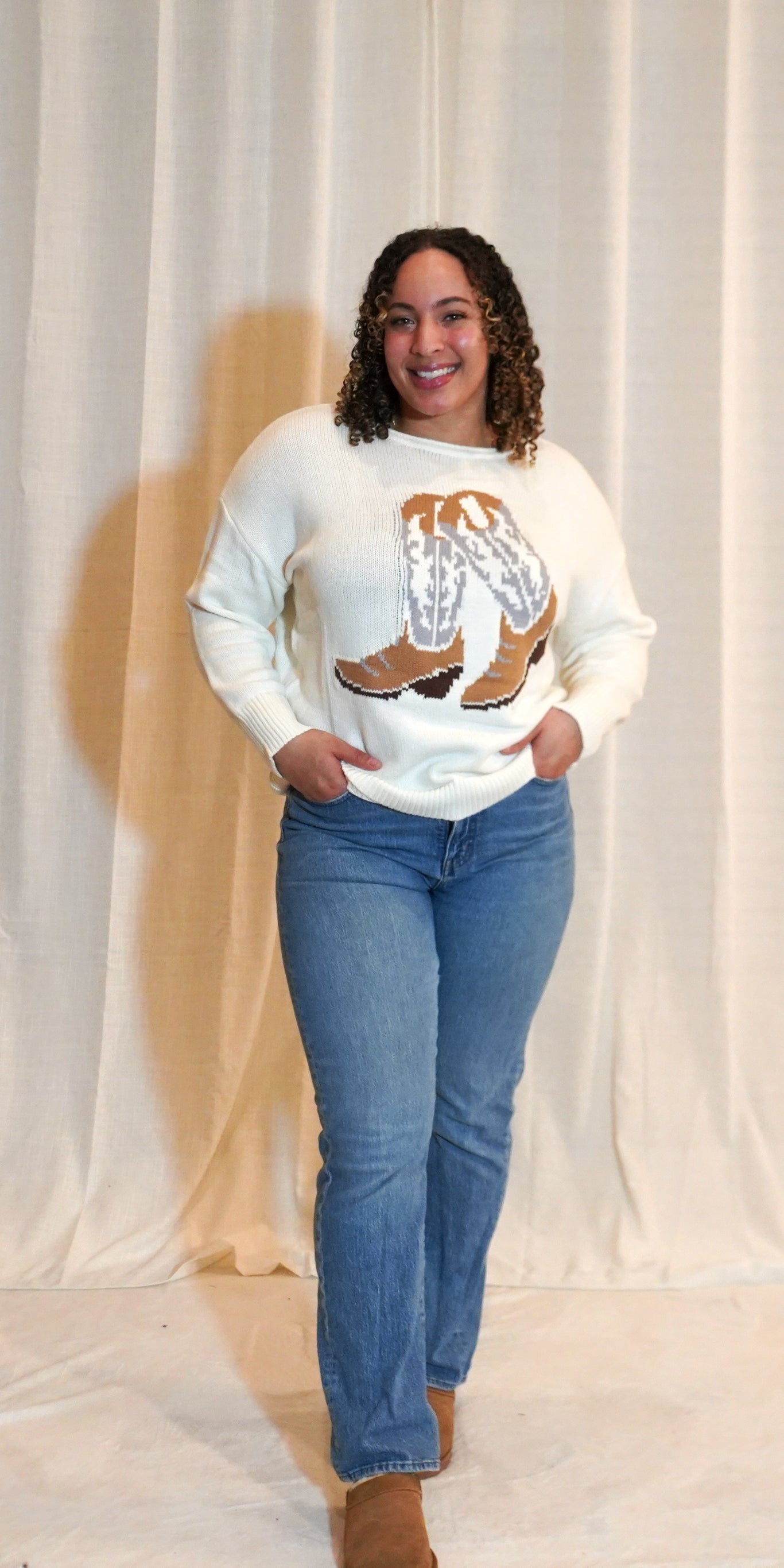 WESTERN BOOT JACQUARD LONG SLEEVE KNIT SWEATER | IVORY