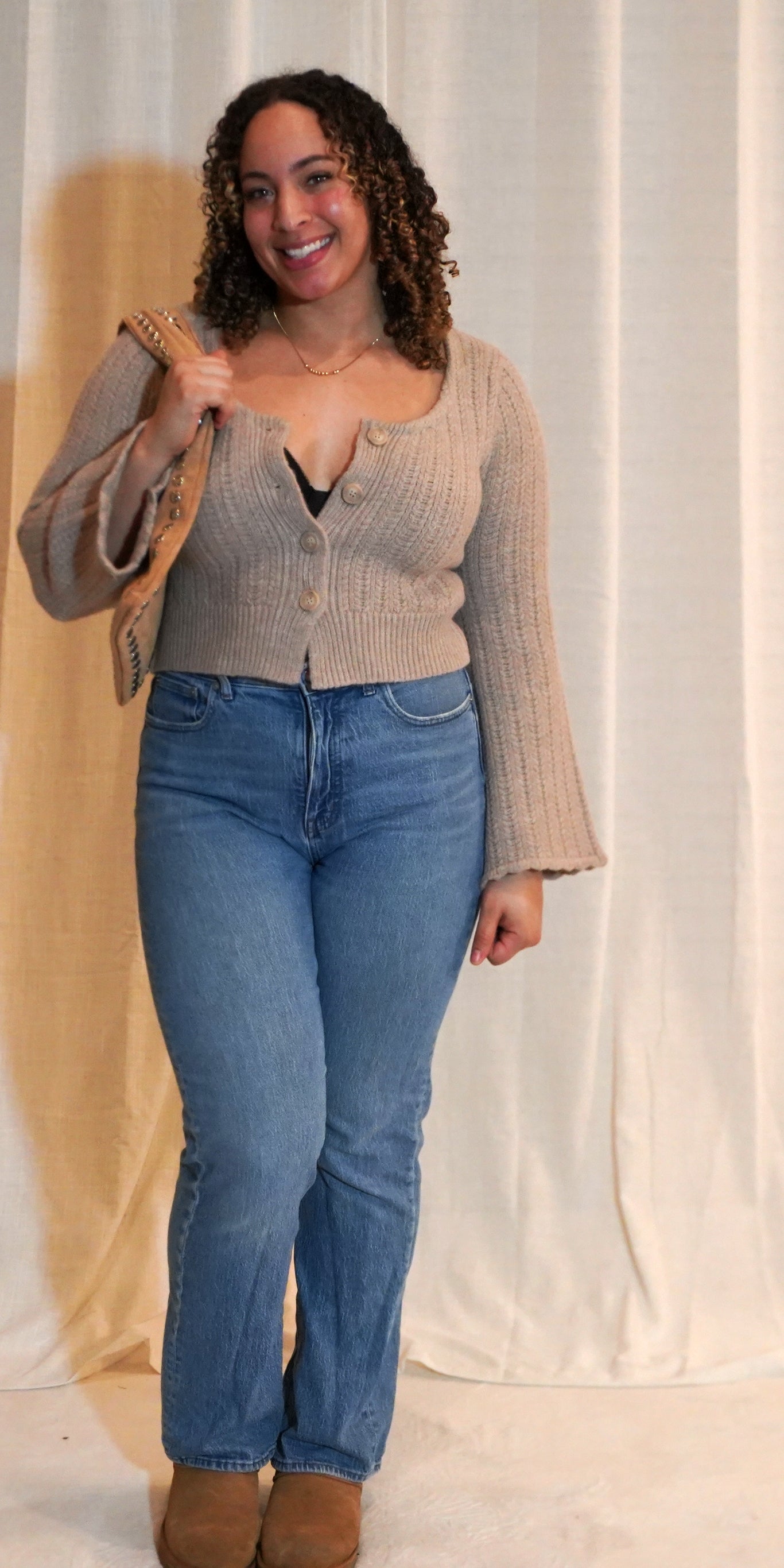 HEARTH Cable Knit Button Down Cardigan Top | Marled Taupe