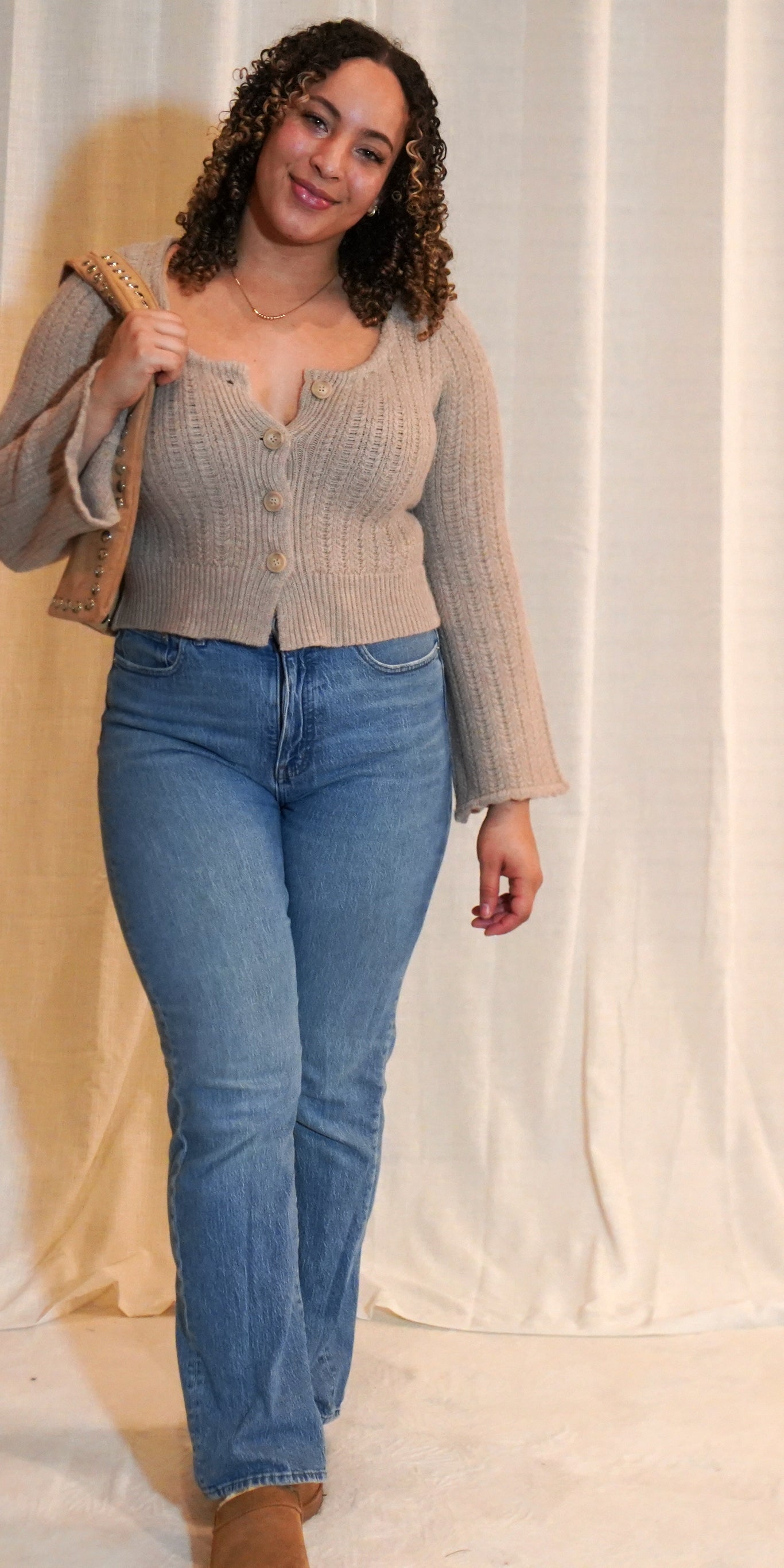 HEARTH Cable Knit Button Down Cardigan Top | Marled Taupe