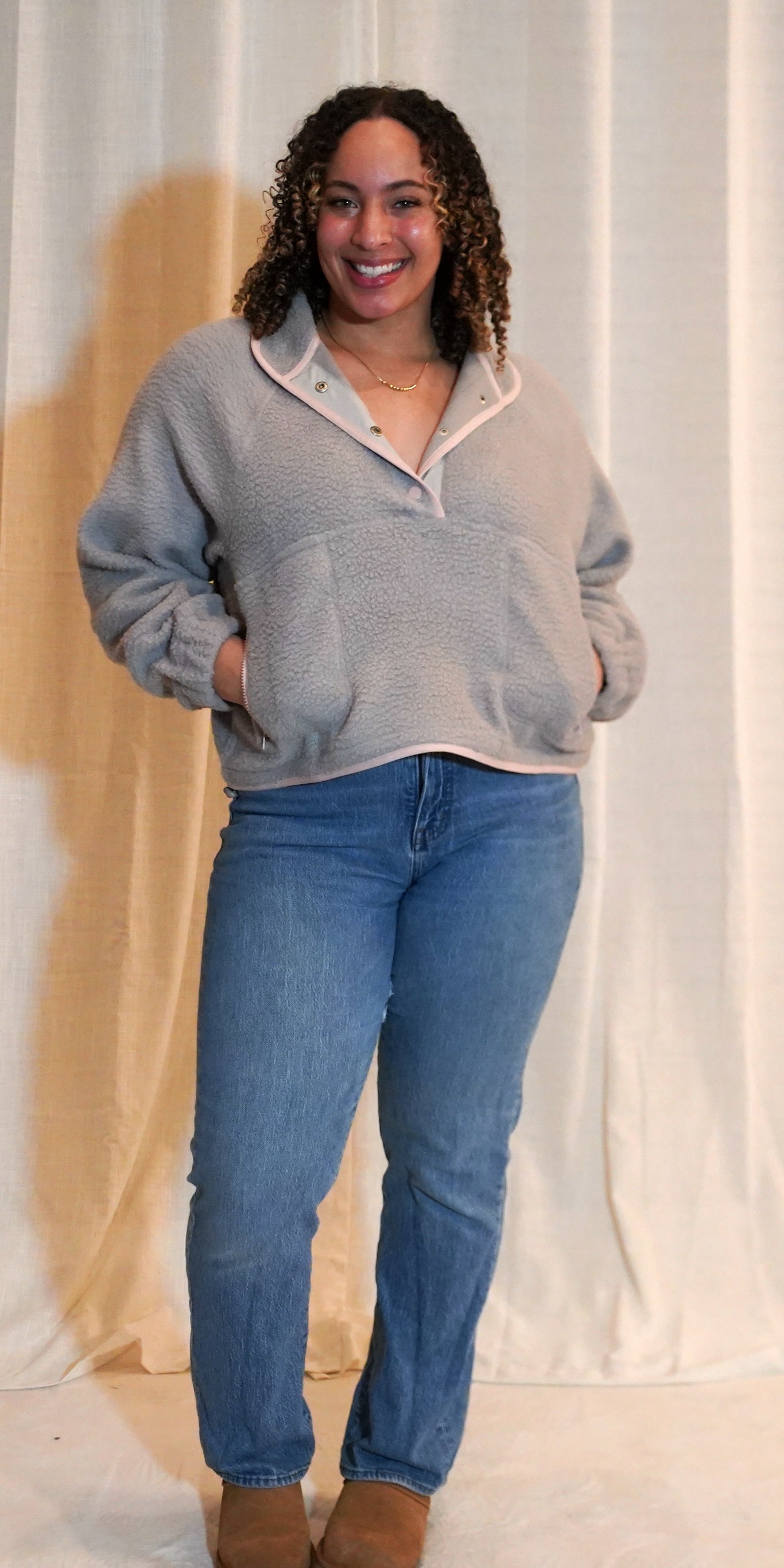 FLEECE BUTTON FRONT SIDE POCKET LONG SLEEVE TOP -GREY / PINK