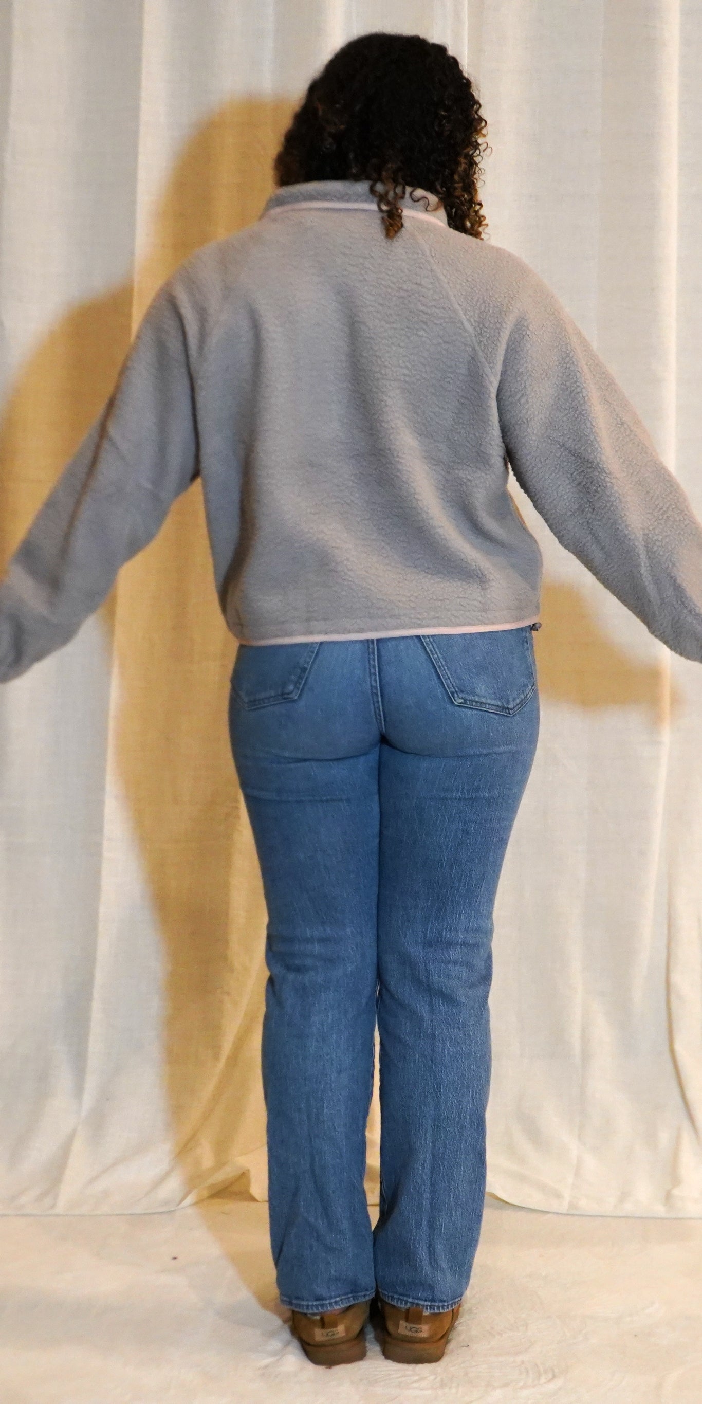 FLEECE BUTTON FRONT SIDE POCKET LONG SLEEVE TOP -GREY / PINK