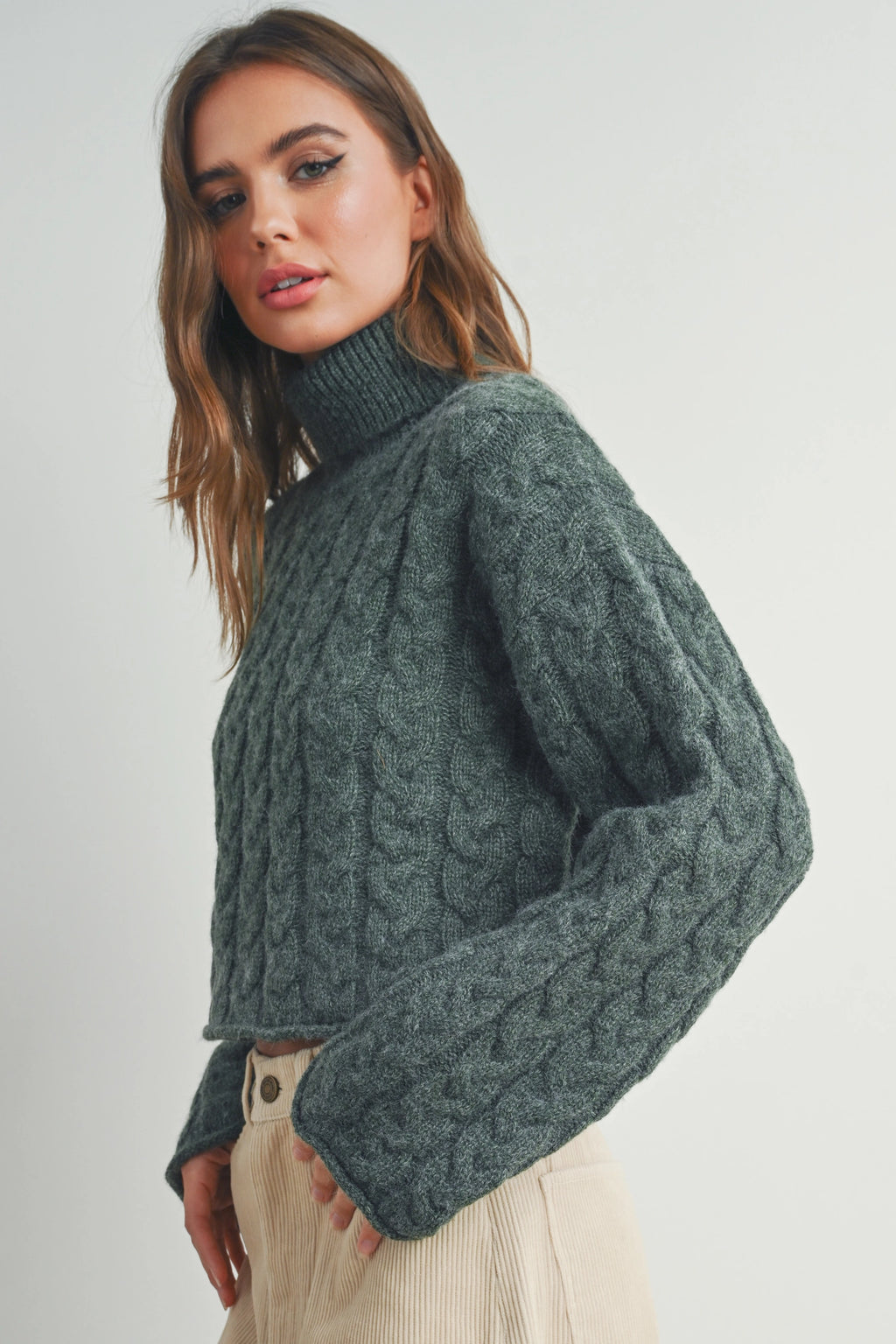Thick Braid With Turtle Neck Long-Sleeve Sweater -| OLIVE