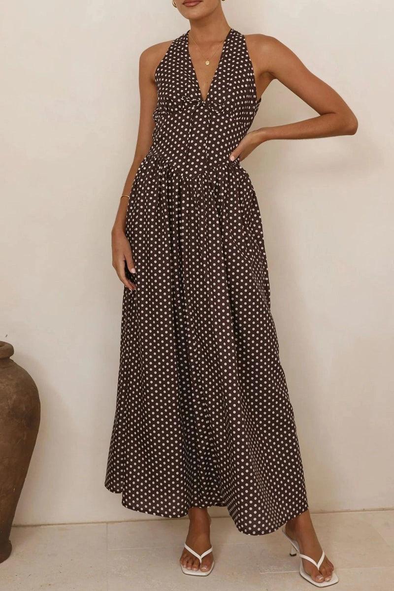 Polka Dot Halter Maxi Dress | BROWN