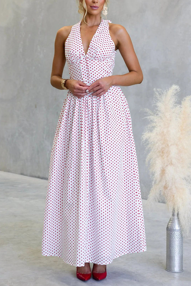Polka Dot Halter Maxi Dress | RED