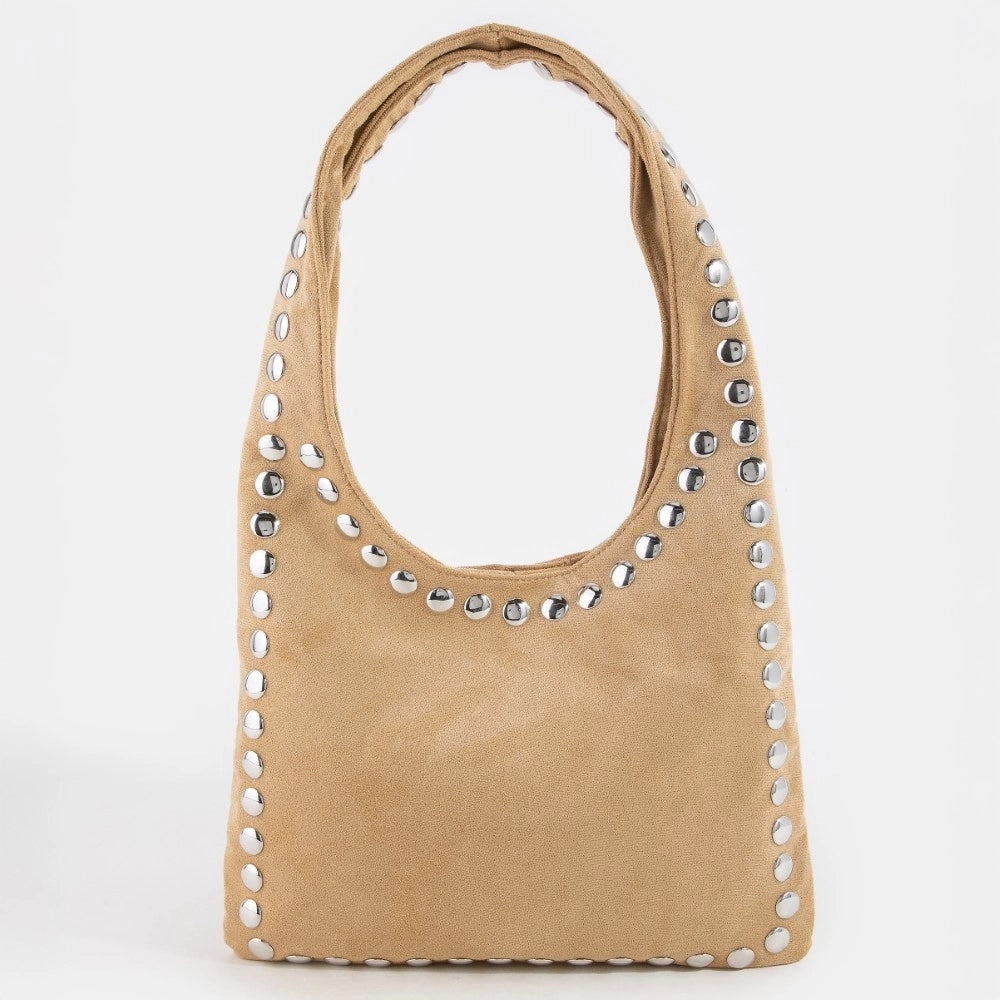Grommet Border Studded Suede Shoulder Bag