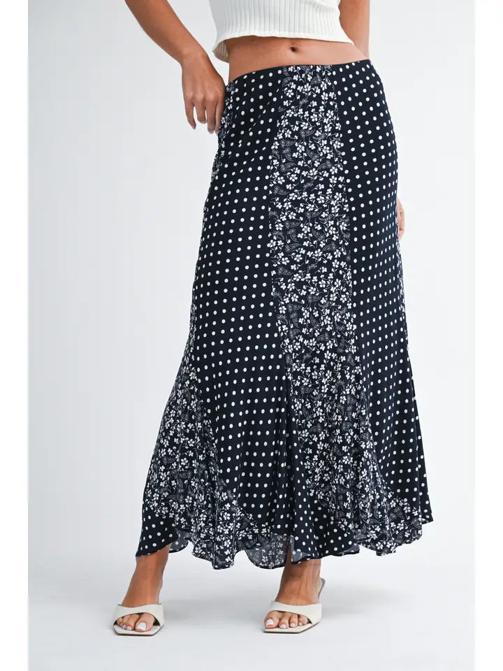 Polka Dot Floral Mix Maxi Skirt | Navy