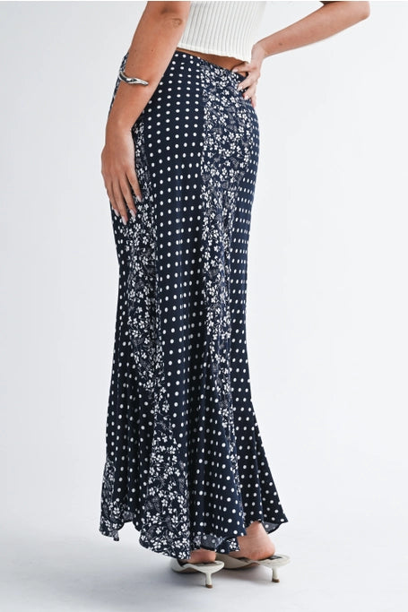 Polka Dot Floral Mix Maxi Skirt | Navy