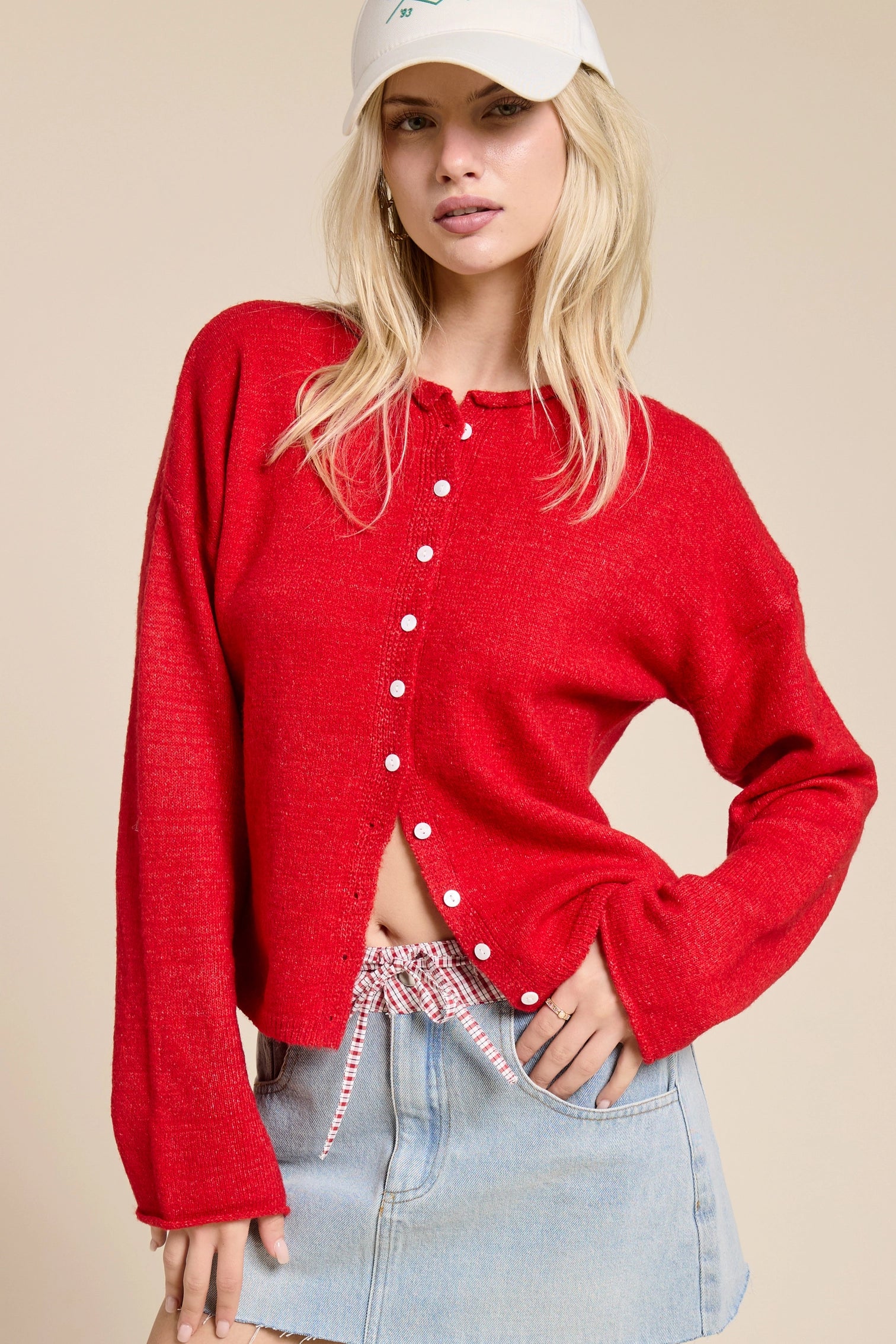Essential Button Down Cardigan Top | Red